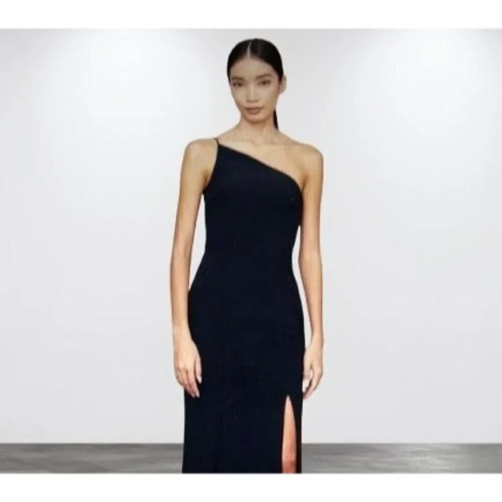 AMSALE Gown Black Satin Dress Maxi Prom Wedding One-shoulder Size 10